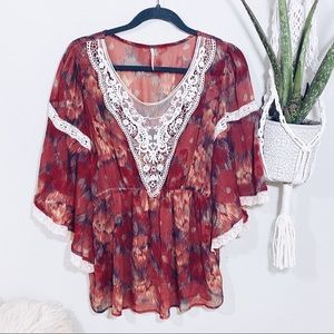 💕 Free People Hippie Red Lace Tunic Top XS